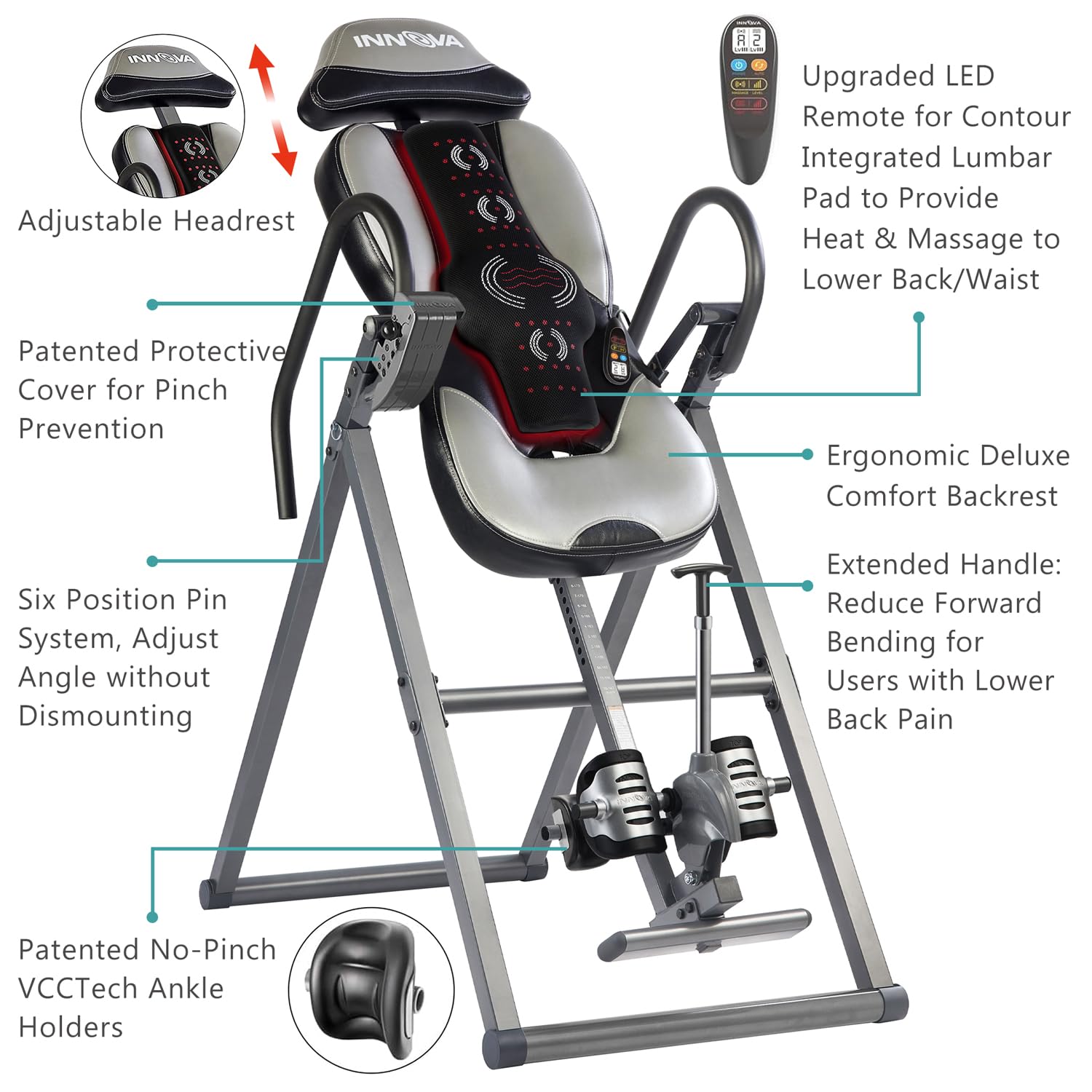 INNOVA HEALTH AND FITNESS ITM5900 Advanced Heat and Massage Inversion Table, Gray/Black - Fredhappy LLC