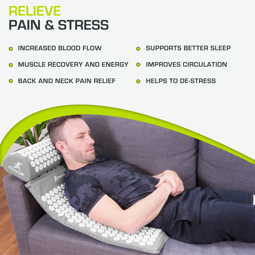 ProsourceFit Acupressure Mat and Pillow Set for Back/Neck Pain Relief and Muscle Relaxation, Grey - Fredhappy